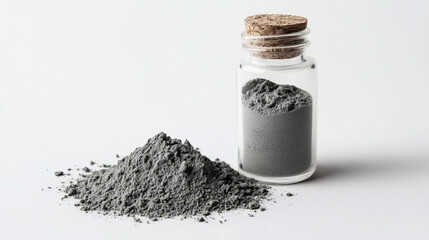 Fine gray powder in a jar and piled on a white surface, highlighting its texture and consistency for creative uses