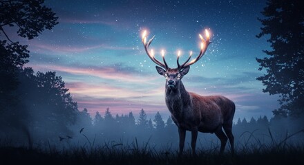 Naklejka premium Ethereal Night Deer - A majestic deer with glowing antlers stands in a mystical forest under a starry night sky, symbolizing magic, nature, serenity, wonder, and the power of dreams