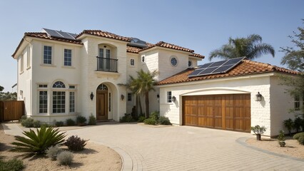 Fototapeta premium Luxury Home with Solar Panels and Red Tile Roof