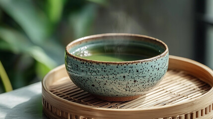 Warm green tea served in a handcrafted bowl on a bamboo tray surrounded by vibrant plants in a cozy setting