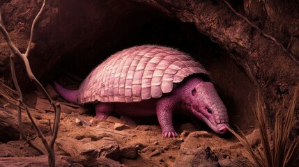 Obraz premium Pink armadillo in a cave-like habitat. A pinkish-purple armadillo is nestled within a dark, earthy cave environment. Scales cover its body. The scene evokes a sense of nature's hidden depths