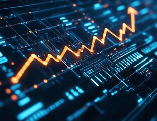 A hopeful orange arrow climbs through tech data symbolizing growth and future innovation on a dark blue tech