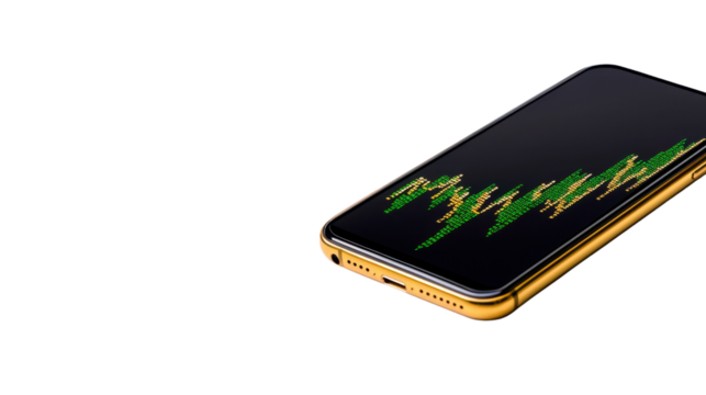 A modern smartphone with a sleek premium design showcasing a dynamic graph and financial data analytics on its high tech digital display