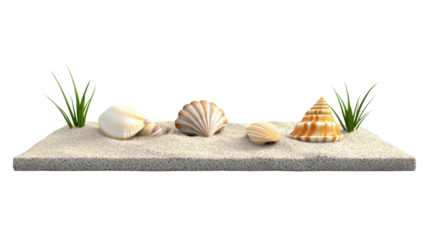 A peaceful and minimalist arrangement of seashells sand and coastal vegetation on a neutral background evoking a sense of calm and relaxation