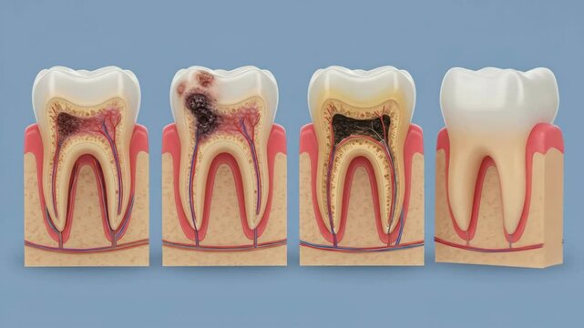 Dental problems and solutions from healthy teeth, decay, root canal, and abscess formation visualized in 3D animation footage. Dentistry.