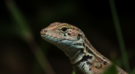 Naklejka premium Lizard Portrait in Dark Setting - Close-up of a lizard's head and neck, detailed texture, dark background