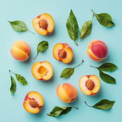Flat lay of halved and whole peaches with leaves on a light blue background