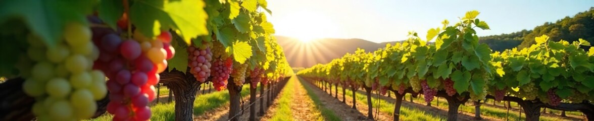 Fototapeta premium Sun-drenched rows of ripe grapes hanging heavy on the vine, ready for harvest at a picturesque winery Lush foliage and a clear blue sky create a idyllic vineyard scene , fall, healthy