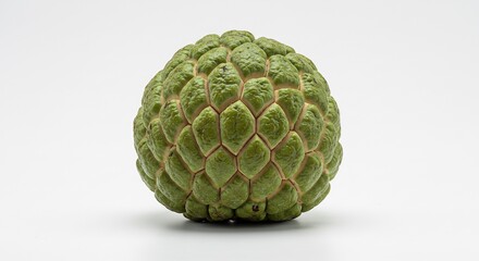 Obraz premium Smooth green cherimoya rests softly against white background showcasing its unique texture. AI Generated