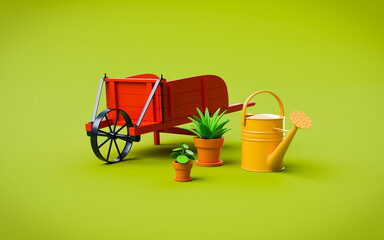 Vintage wheelbarrow, plants in pots, and watering can standing on green background 3d rendering