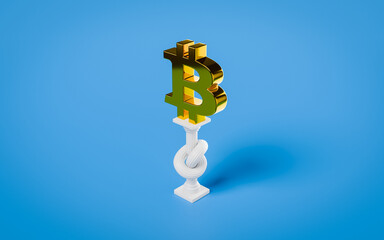 Bitcoin symbol standing on a twisted column concept of complicated financial status of cryptocurrency 3d rendering
