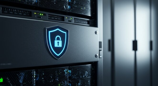 Secure Server Data Protection - Data security, server protection, cyber safety, network security, shield. A glowing shield symbolizes robust protection for valuable data