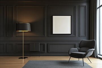 Fototapeta premium The interior of the grey gallery room is equipped with a drawer, decorative touches, and a mockup frame