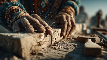Close-up of skilled artisan hands shaping stone bricks with traditional tools during daylight construction work, showcasing craftsmanship, dust particles and cultural attire in action