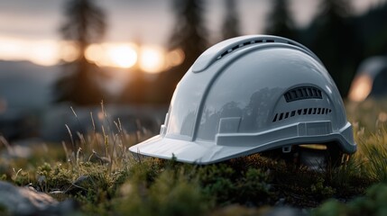 White construction safety helmet placed on grassy field at sunrise with blurred forest background — concept of work-life balance, environmental building, and labor pause moments