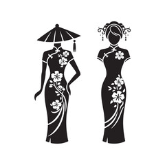 Elegant Cheongsam Qipao Woman Silhouette Vector Design in Classic Chinese Dress with High Collar, Slit Skirt, Graceful Pose and Heels.