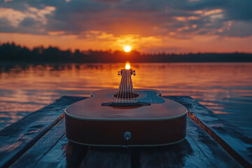 Sunset view over a calm lake with an acoustic guitar resting on a wooden dock