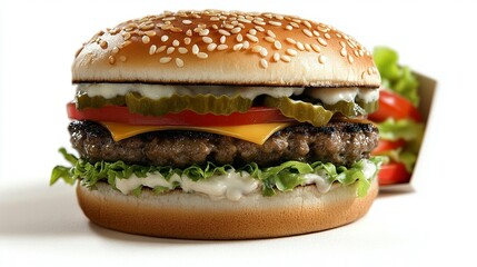 Juicy cheeseburger with sesame bun close up food photography