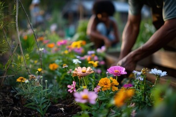Volunteers Gardening Together in a Community Garden With Colorful Flowers, Representing Teamwork and Environmental Stewardship : Generative AI
