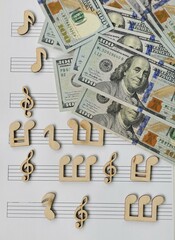 Musical notes arranged on sheet music with cash bills placed above, creating an artistic blend of...