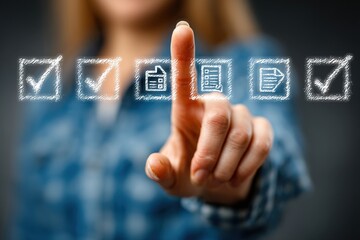 Digital checklist and survey form completion concept. Businesswoman interact with virtual checklist icons, digital forms, survey, data verification, document approval, and business process automation.