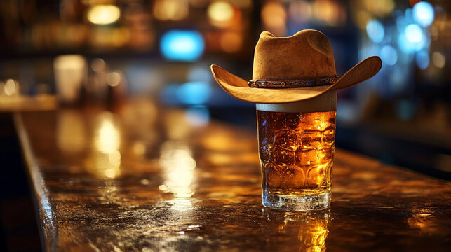 Drink served with cowboy hat on the bar counter in a rustic tavern setting during evening hours