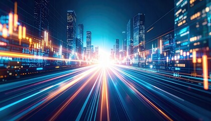 Fototapeta premium Futuristic Cityscape Highway Speed and Technology Converge at Night Light Trails illuminate a modern city at night