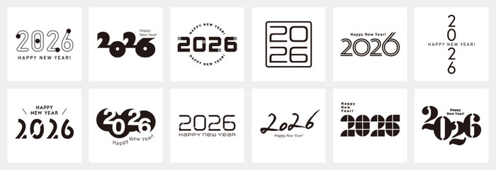  2026年 ハッピーニューイヤー・ロゴセット [モノクロ]