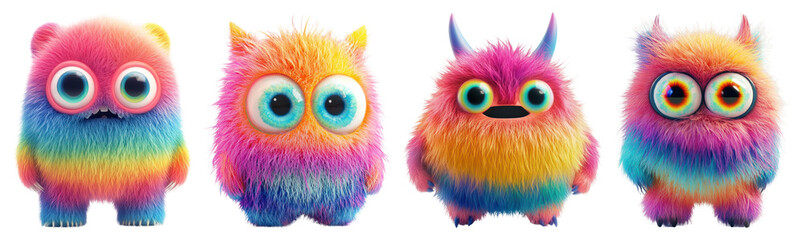 Fototapeta premium PNG Colorful fluffy cute monster toys, element set on transparent background