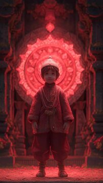 glowing red heritage background with ancient carved details, 3D child in traditional cultural outfit standing confidently in front of sacred temple gate, spiritual guardian child in historical ceremon