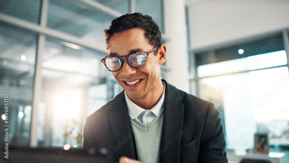 Poster reading, business and man on tablet in office for networking, connection and online research. compan