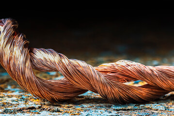 Copper wire on rusted metal background