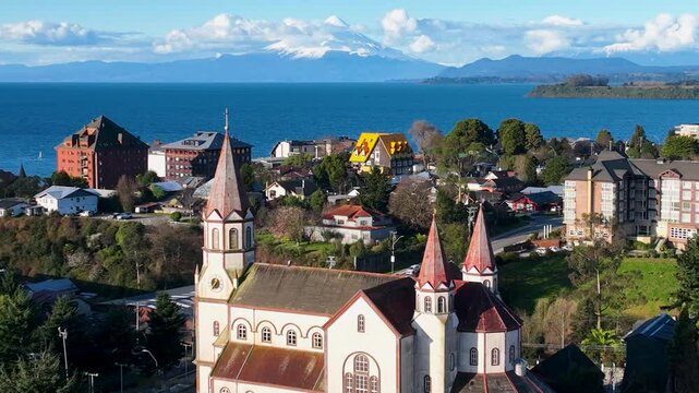 Famous Church In Puerto Varas Los Lagos Chile. Aerial View Of Church Building Dominating The Skyline. Industry Landscape Skyscrapers Beautiful. Skyscrapers. Puerto Varas Los Lagos.