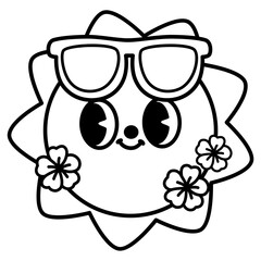 cute kawaii Summer sun  outline cartoon doodle coloring illustration