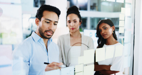 Fototapeta premium Glass wall, cooperation and business people in office, planning and conversation for social media project. Employees, feedback and PR agency with teamwork, brainstorming and support for proposal