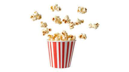 Flying Popcorn Pieces Above Striped Bucket Isolated On Black Background