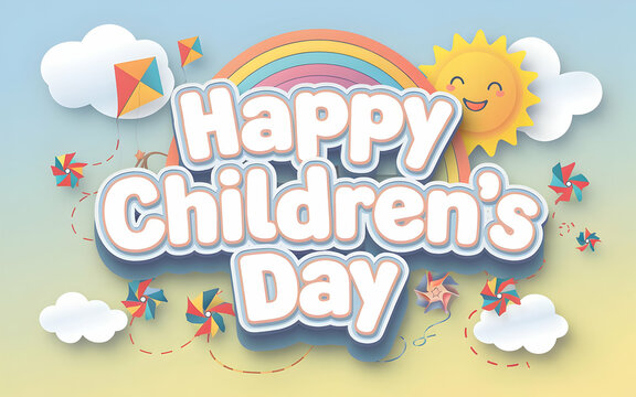 Happy Children's Day with Paper Cut Sun, Rainbow, and Festive Elements in Pastel Sky - Powered by Adobe