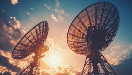 Two large satellite dishes against a vibrant sunset sky