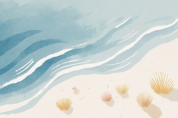Beach Illustration with Soft Waves and Scattered Seashells
