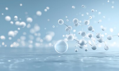 White Transparent Water Molecules Floating on Light Blue Background: 3D Rendering of Chemical Structure and Molecular Chain