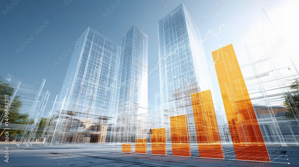 Poster futuristic property development with transparent structures and graphs