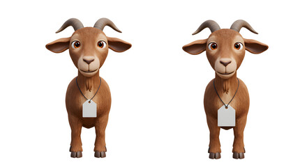 Fototapeta premium Two charming goats stand side-by-side, each sporting a friendly expression and adorned with a blank tag, perfect for branding or personalization, against a clean backdrop.