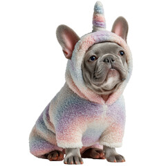 Adorable French bulldog in colorful unicorn outfit, exuding charm and playfulness. This cute pet captures hearts with its whimsical attire and delightful expression