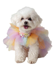 Fluffy bichon frise dog wearing colorful party outfit with joyful expression, sitting on transparency background. This adorable pet is perfect for celebrations and brings happiness to any occasion