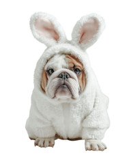 Cute bulldog dressed in fluffy white bunny suit, showcasing adorable expression. soft texture of outfit adds to charm, making this pet look irresistibly endearing