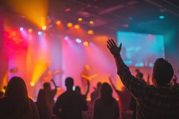 Congregation Worshiping Together at a Concert With Raised Hands, Symbolizing Unity and Spiritual Connection in Community Outreach : Generative AI