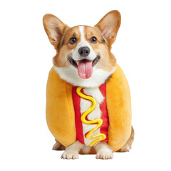 Cheerful corgi dressed in hotdog costume, with its tongue out, exudes playful and fun vibe. This adorable pet showcases unique outfit that adds to its charm and personality