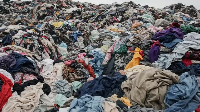 Pile of discarded clothing at landfill site in disarray  