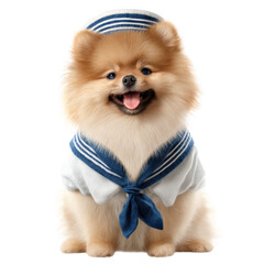 Cheerful Pomeranian dog dressed in sailor costume, showcasing playful and friendly demeanor. This adorable pet is isolated against plain background, making it perfect for various uses