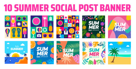 Naklejka premium Summer Themed Social Media Post Banner. Collection of Abstract, Tropical, and Beach Scenes with SUMMER Text for Seasonal Promotions. summer social media post banner set.